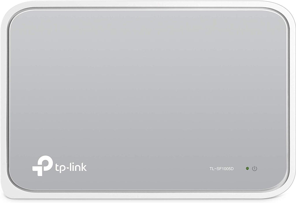Switch desktop TP-Link grigio, logo e LED di alimentazione sul pannello frontale