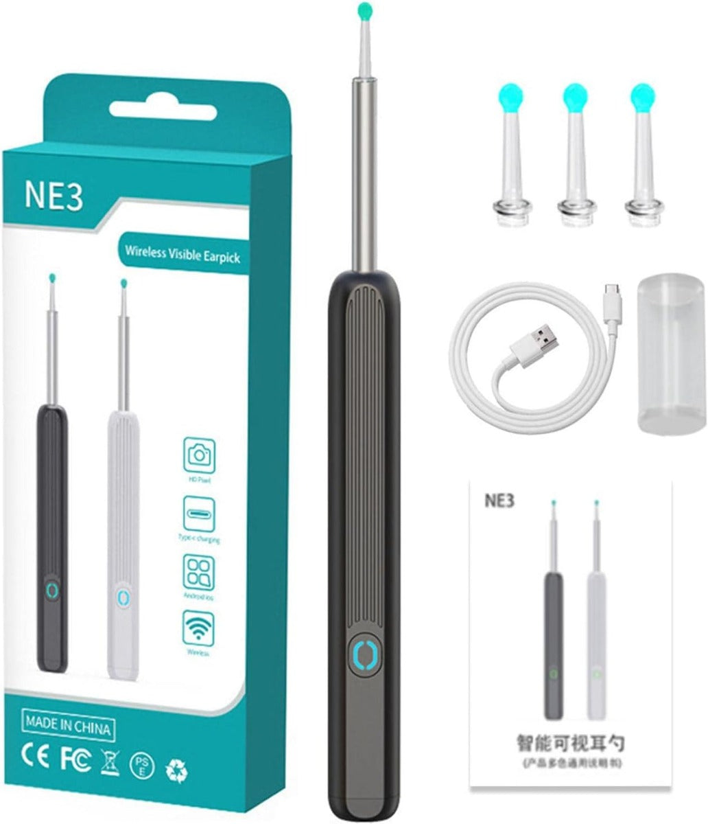Kit pulizia orecchie con fotocamera: penna nera, penna bianca e punte illuminate
