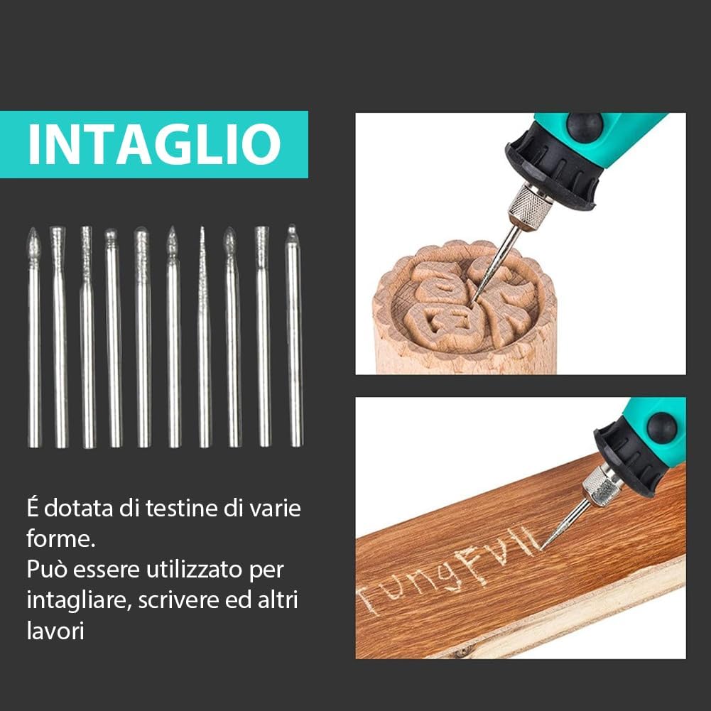 Mini smerigliatrice elettrica teal con punte per intaglio e accessorio rotante