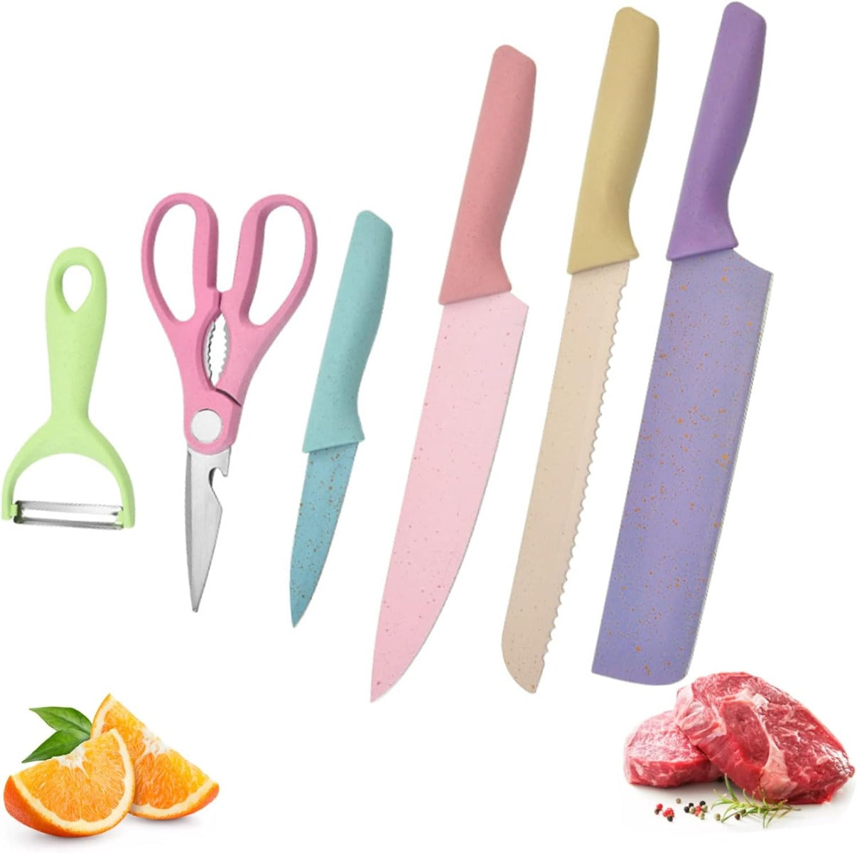 Set di coltelli da cucina e forbici con manici pastello e lame in acciaio