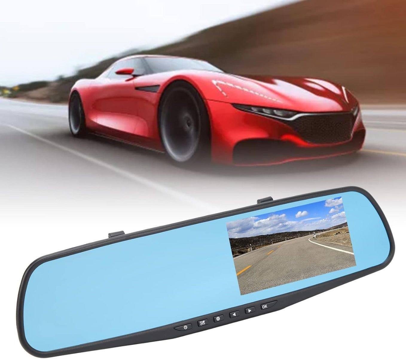 Specchietto retrovisore digitale con display azzurro e controlli inferiori