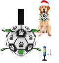 Pallone da calcio per cani nero e bianco con linguette verdi, motivo zampe, 12 cm