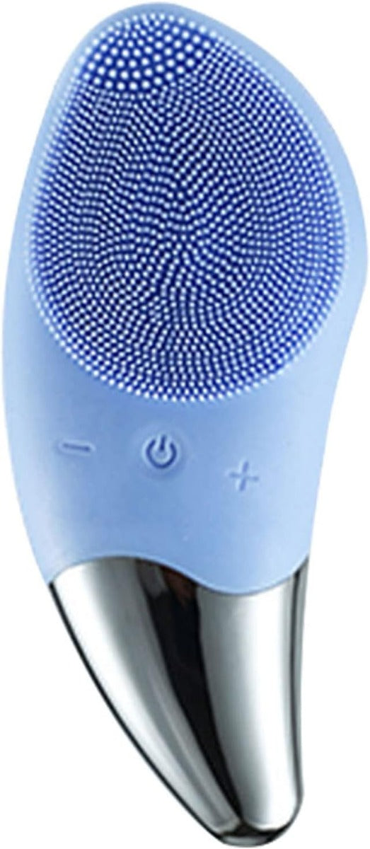 Spazzola elettrica viso in silicone blu con setole a puntini e manico argento