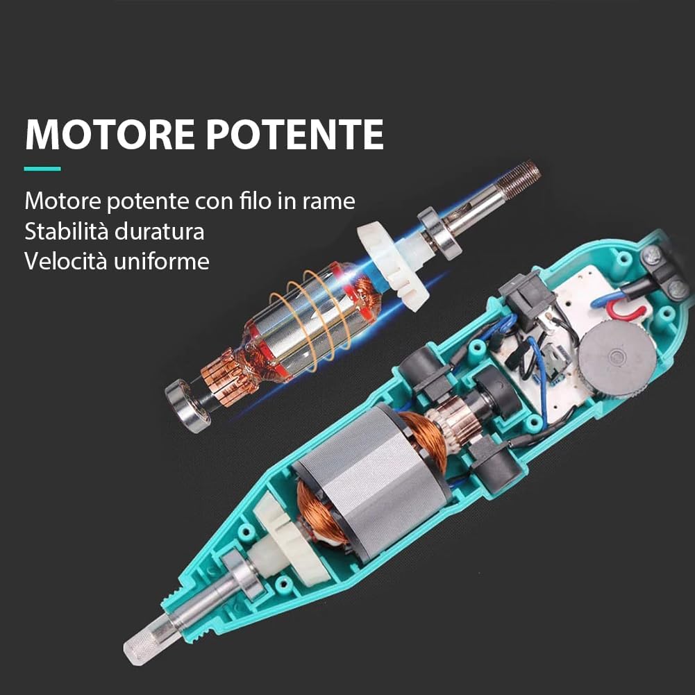 Mini smerigliatrice elettrica teal con vista interna del motore e componenti