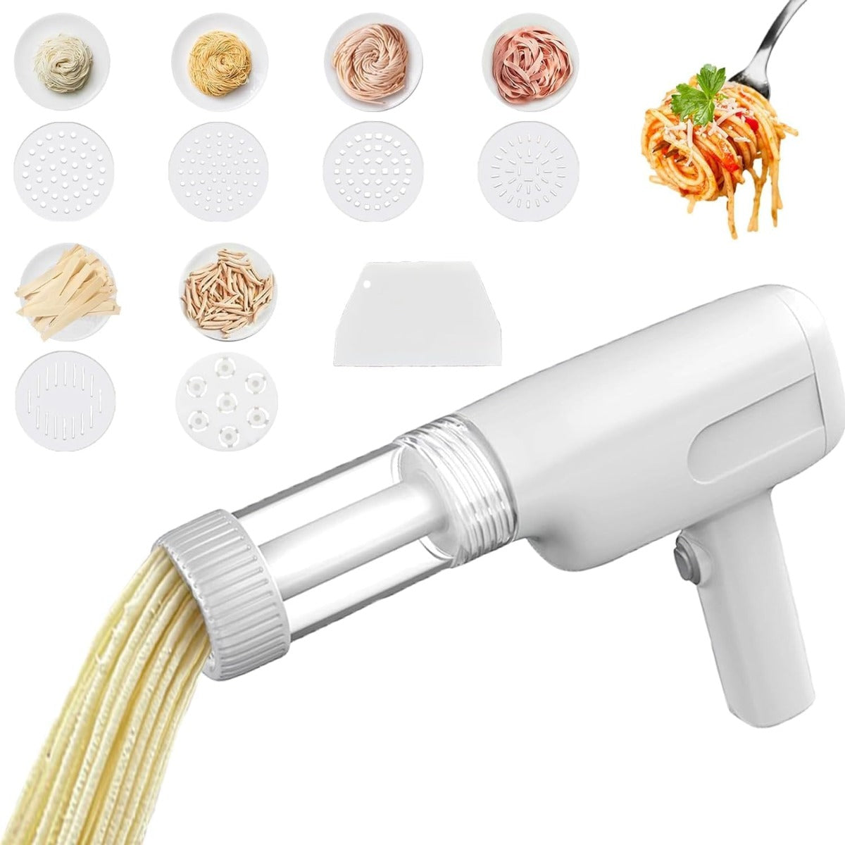Macchina per pasta elettrica portatile con attacco e spaghetti d’impasto gialli
