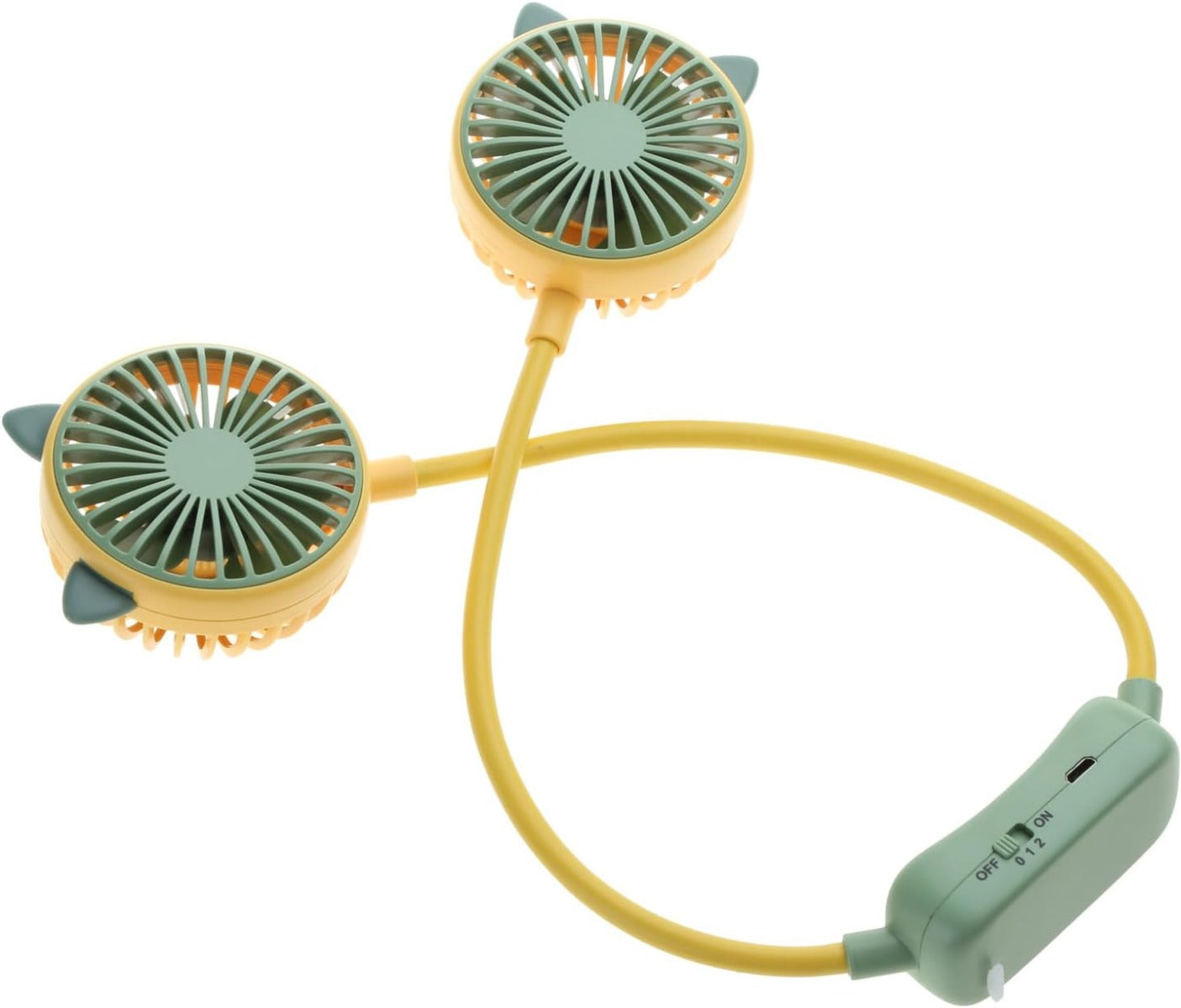 Ventilatore da collo USB ricaricabile con due ventole verdi e cavo giallo