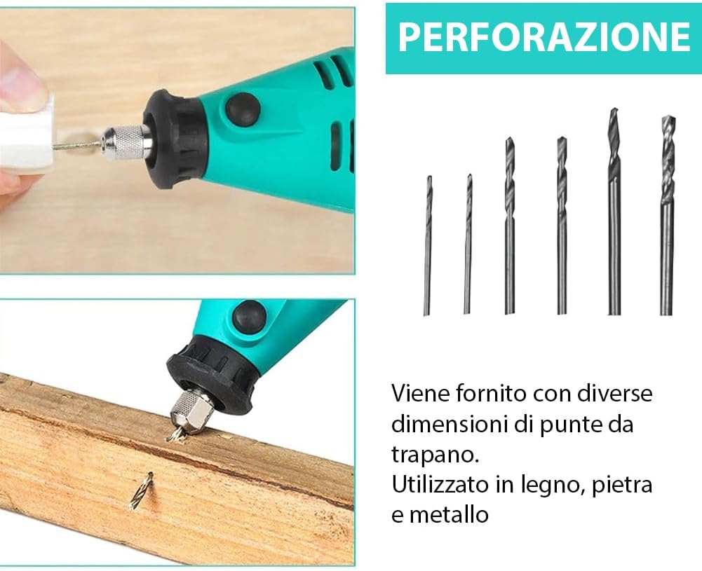 Mini smerigliatrice elettrica teal con punte da trapano per legno e metallo