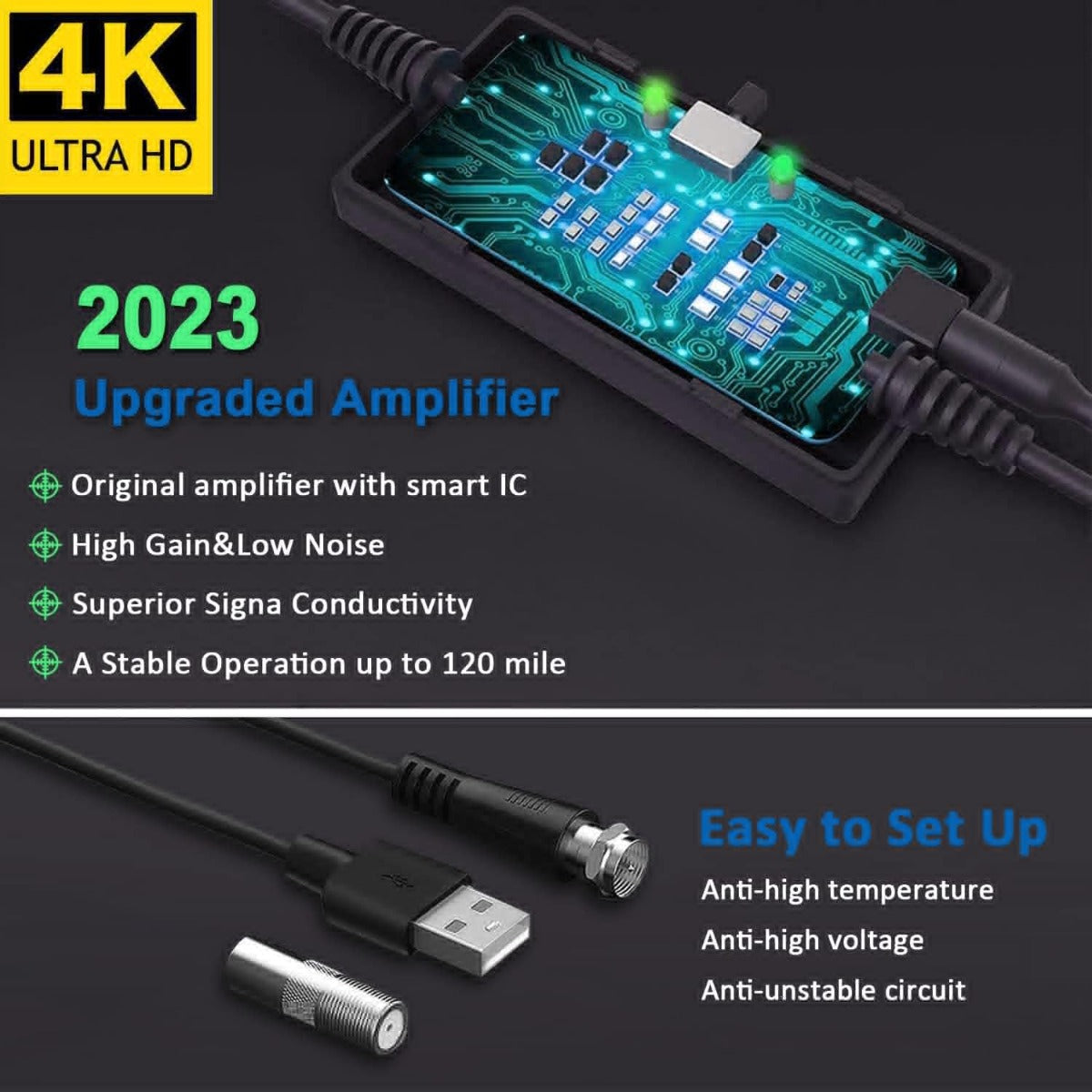 Modulo amplificatore antenna TV interna con circuito verde, connettori USB e coassiale