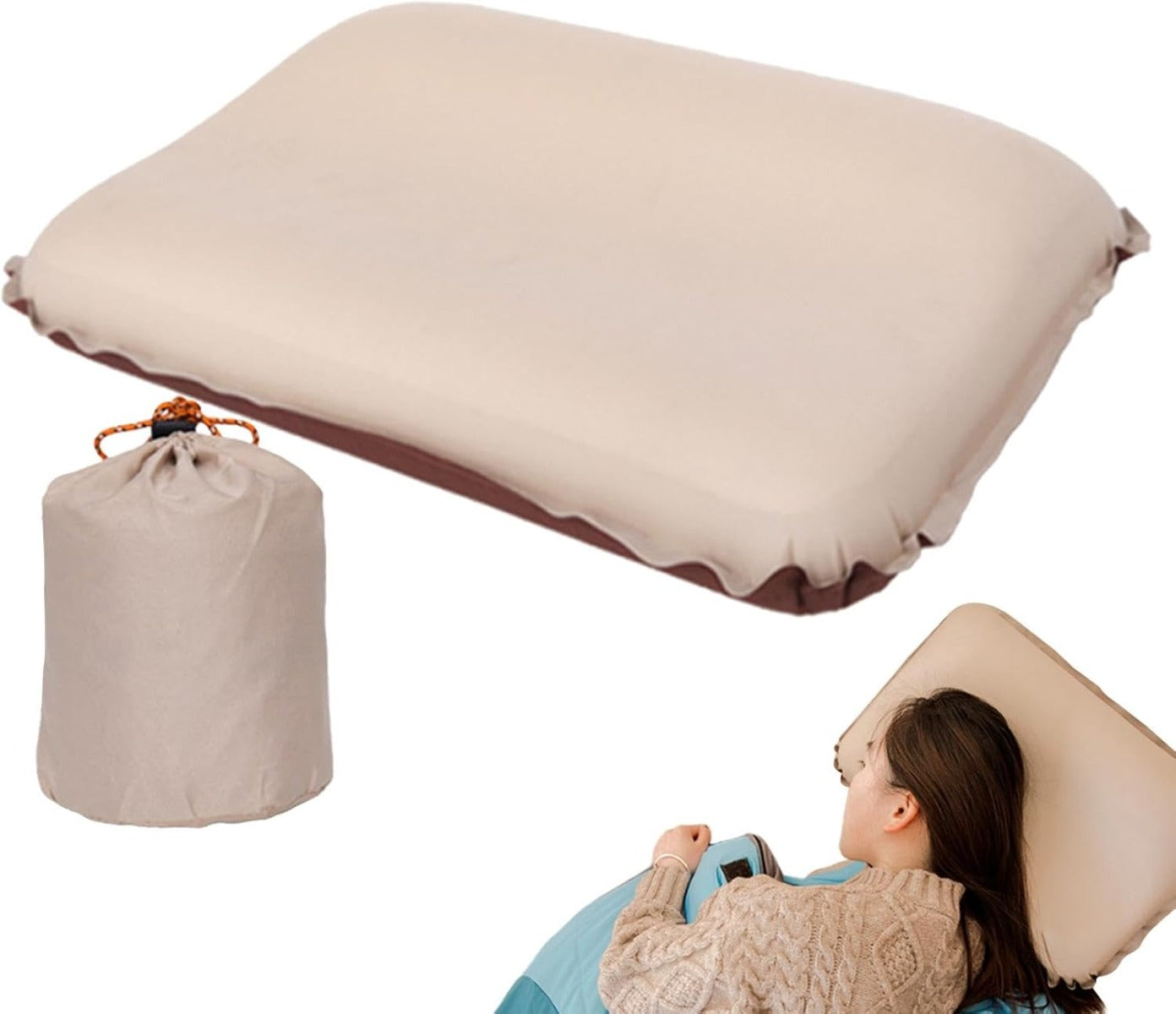 Cuscino gonfiabile beige per collo, sagoma a mezzaluna con bordo arricciato