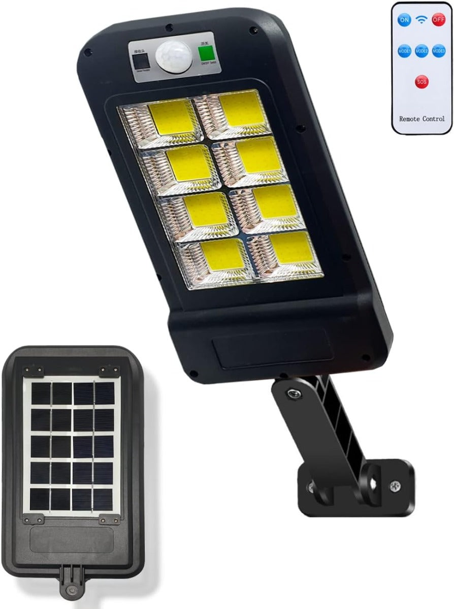 Lampione solare LED nero con pannello solare, sensore e staffa di fissaggio