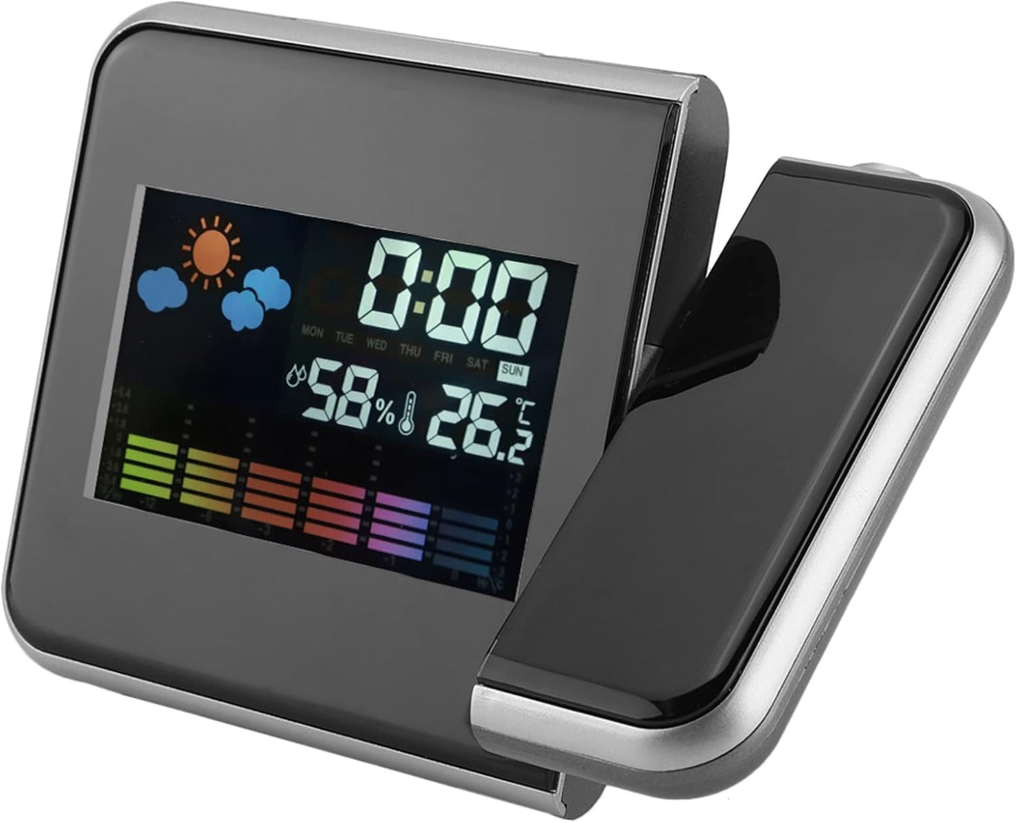 Sveglia digitale grigia con display LED, supporto pieghevole e meteo e umidità