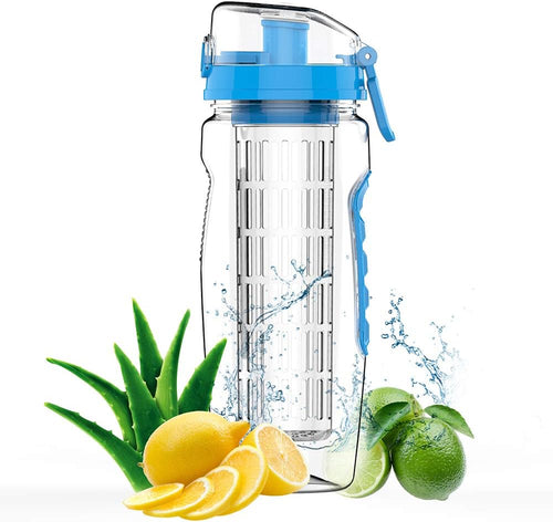 Borraccia per infusi trasparente con filtro frutta e tappo blu