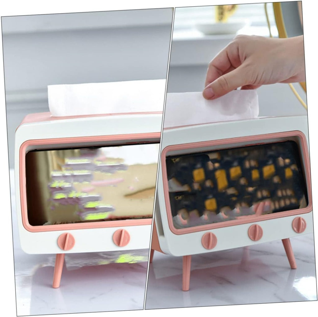 Porta fazzoletti a forma di TV bianco e rosa, fazzoletto inserito, vista frontale