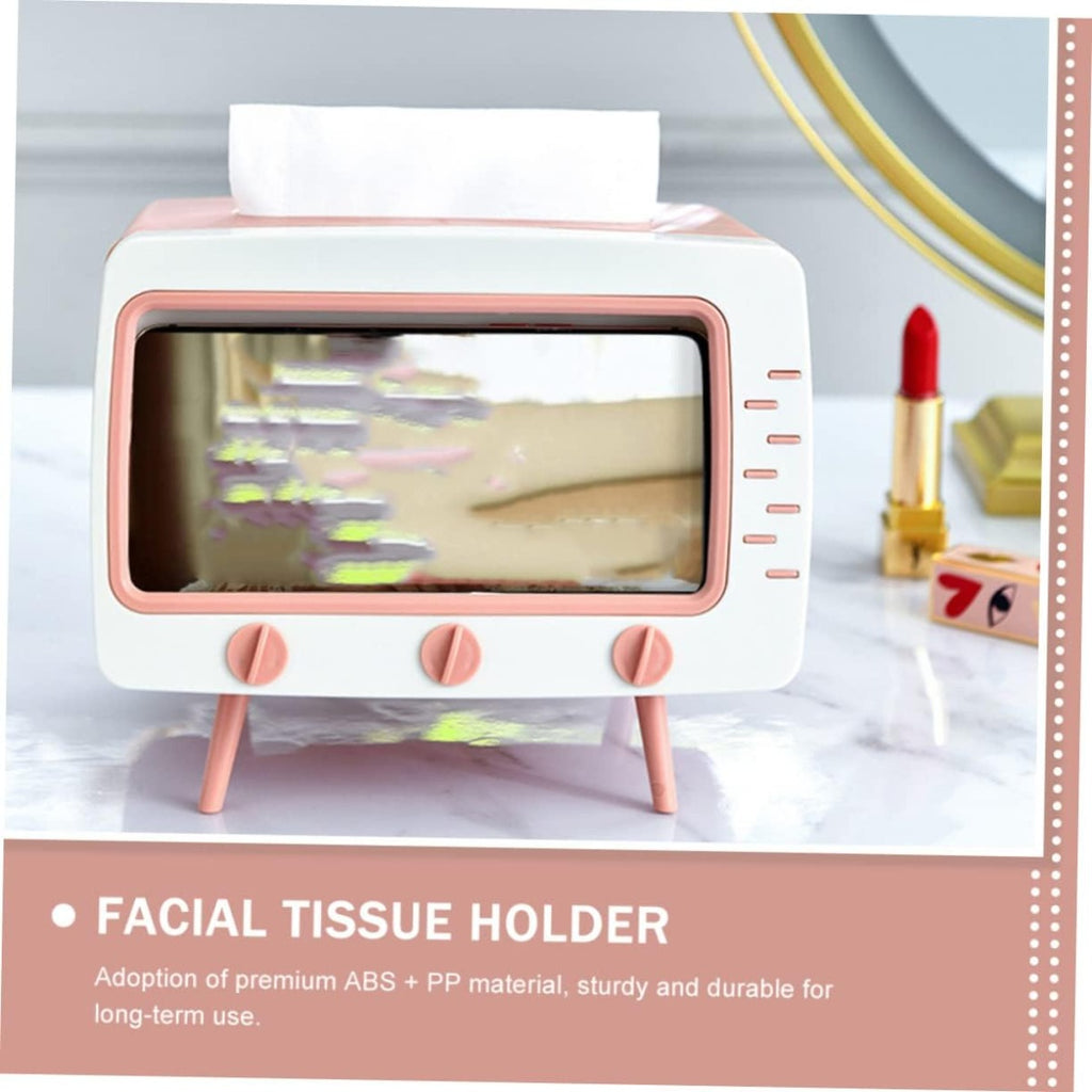 Porta fazzoletti a forma di TV bianco e rosa, fazzoletto inserito nello sportello anteriore
