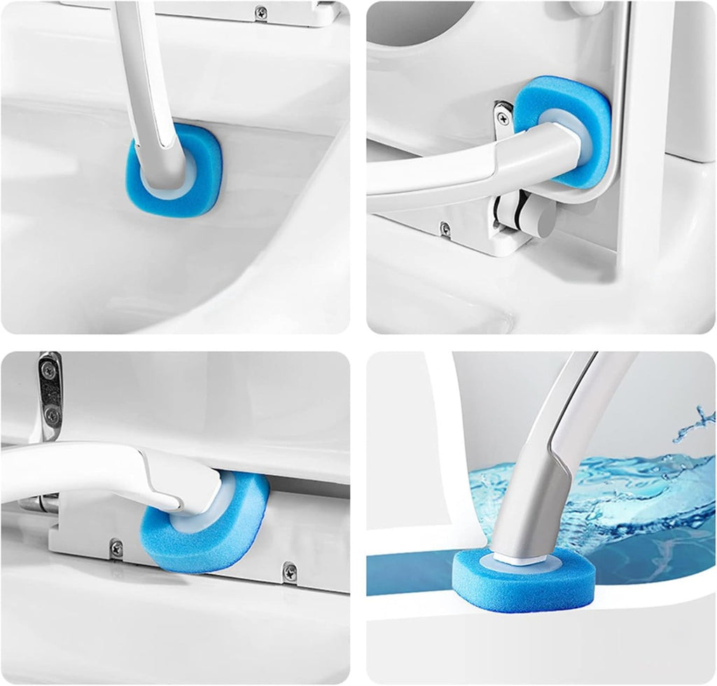 Spazzola WC con testine blu montate su supporto e manico bianco