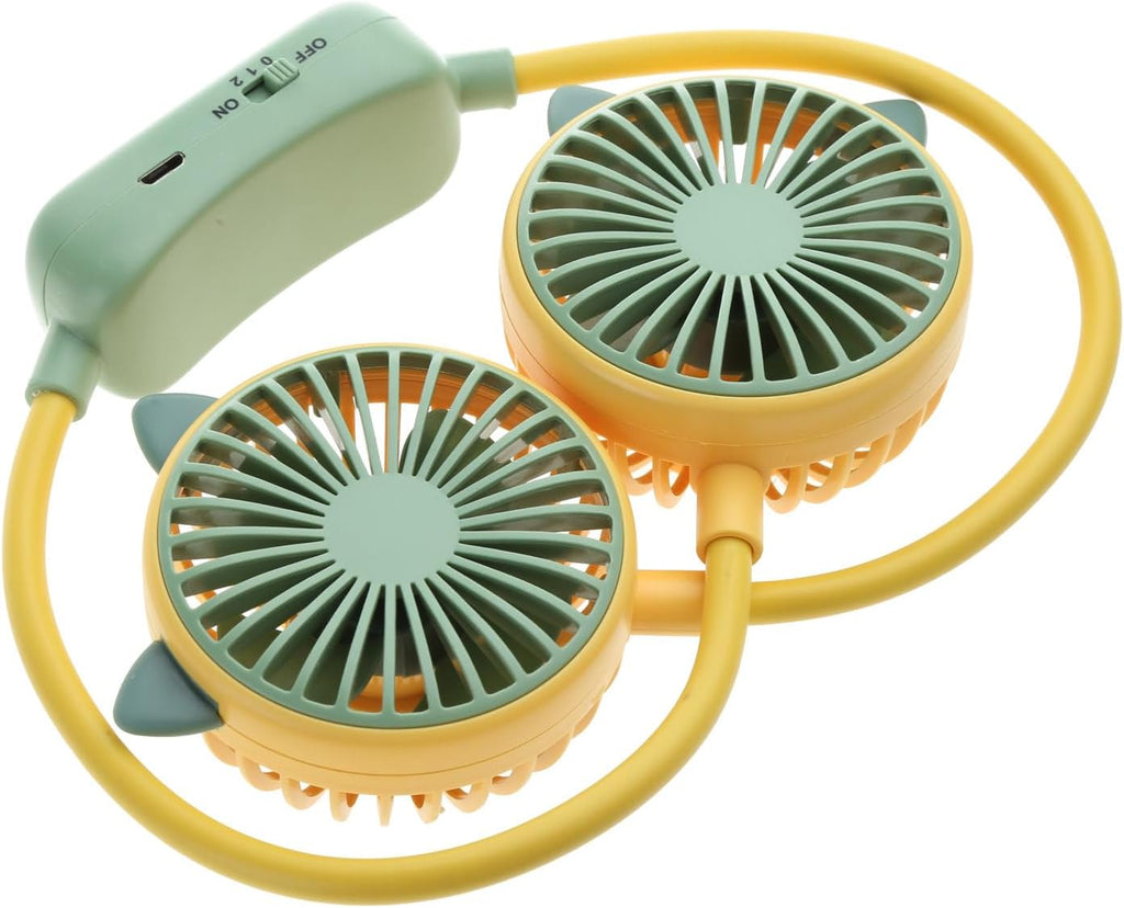 Ventilatore da collo USB ricaricabile, doppia ventola verde su base gialla