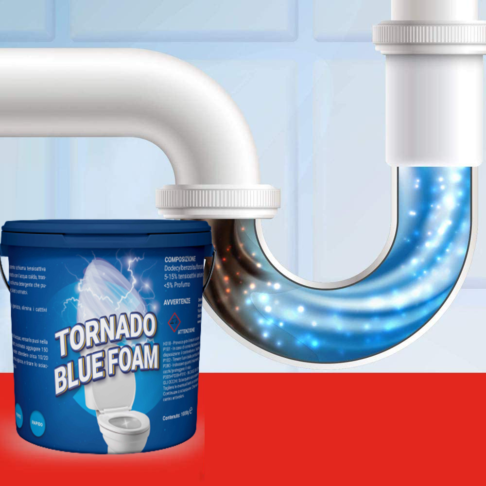 Barattolo blu Tornado Blue Foam accanto a tubo con flusso blu verso WC