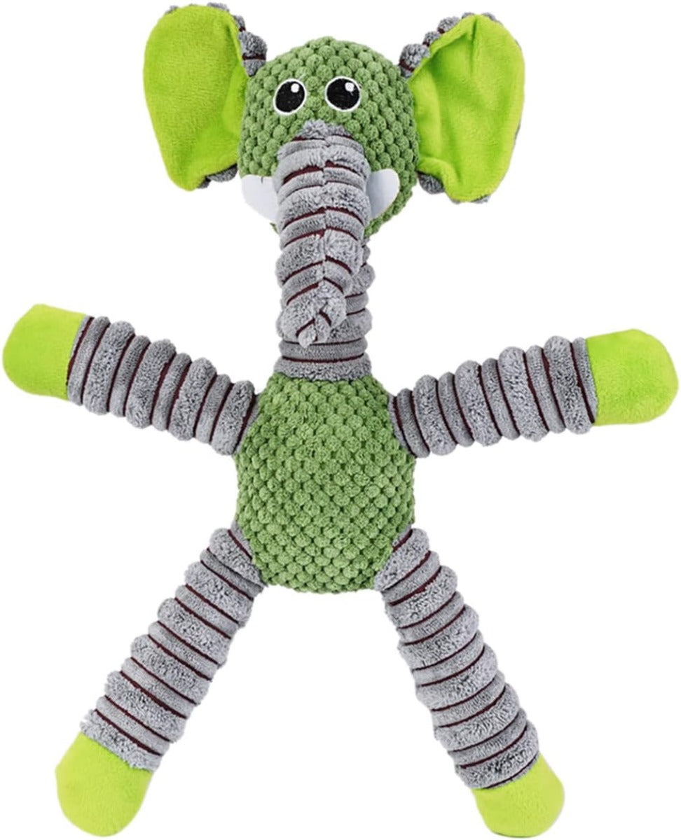 Giocattolo in peluche per cani a forma di elefante verde con proboscide grigia a righe