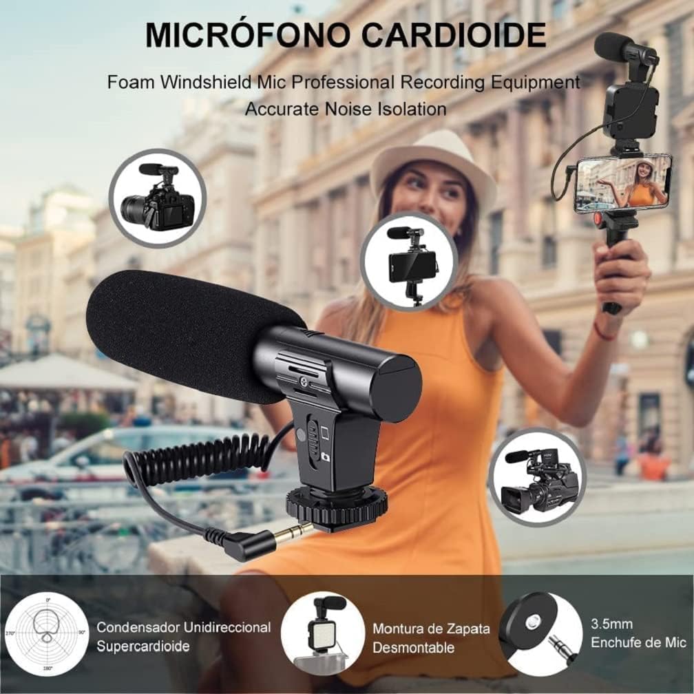 Microfono a spugna su supporto con luce LED e treppiede per cellulare, nero