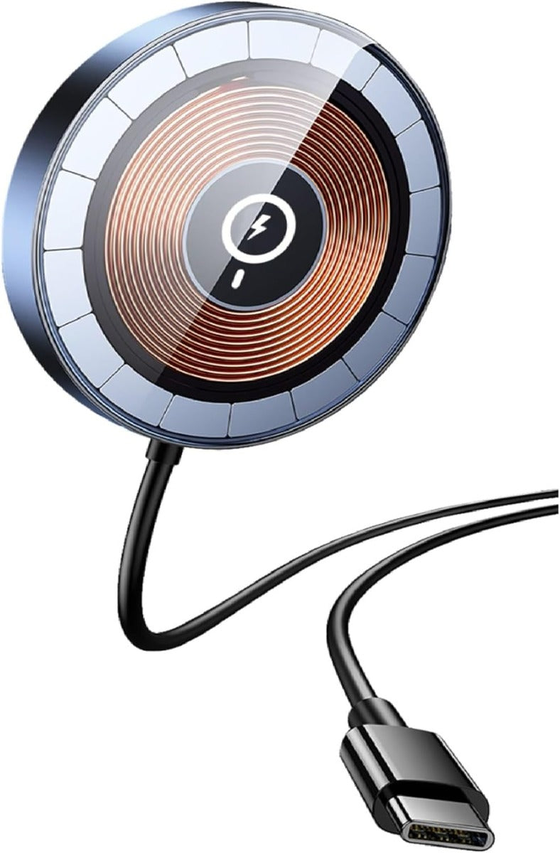 Caricabatterie magnetico wireless circolare con bobina in rame e cavo nero