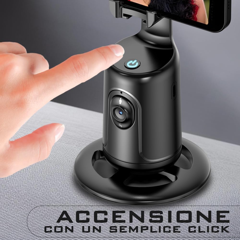 Stabilizzatore per smartphone nero con pulsante di accensione sulla parte superiore