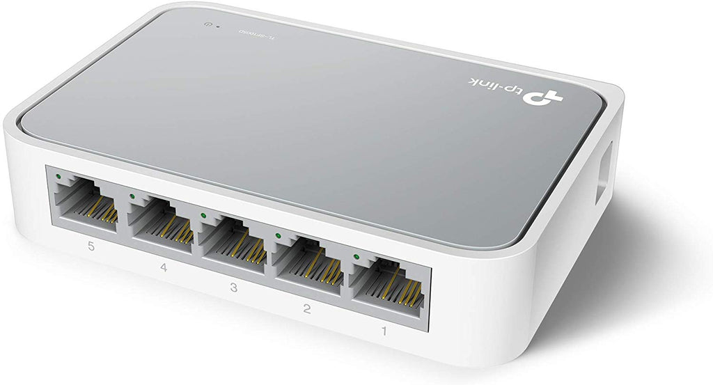 Switch desktop TP-Link 5 porte RJ45 visibili lateralmente, coperchio superiore grigio