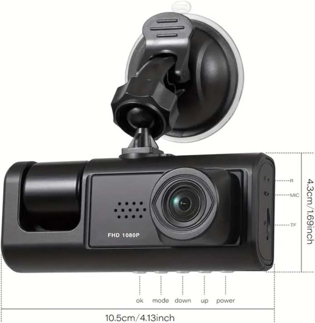 Dash cam tripla nera con staffa a ventosa, lente frontale e misura 10,5 cm.
