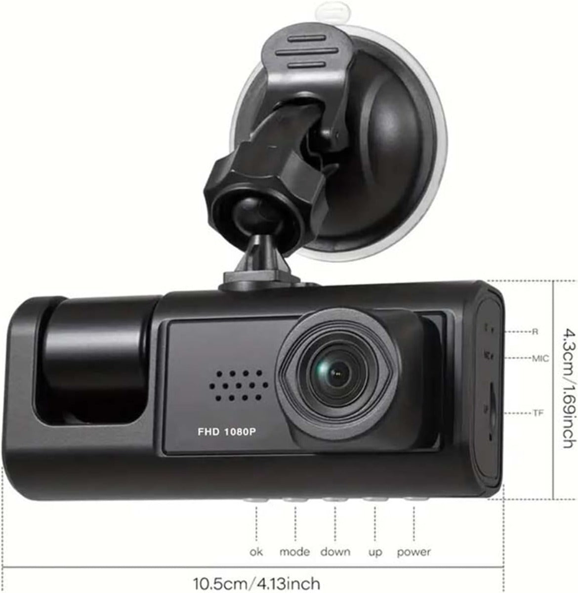 Dash cam tripla nera con staffa a ventosa, lente frontale e misura 10,5 cm.