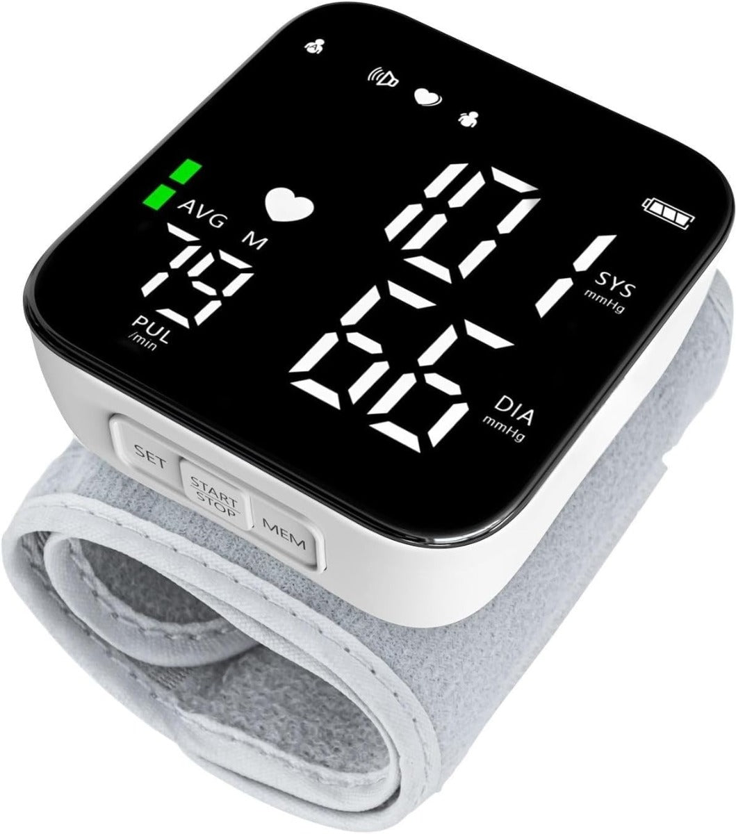 Misuratore di pressione da polso con display LED acceso e cinturino grigio chiaro