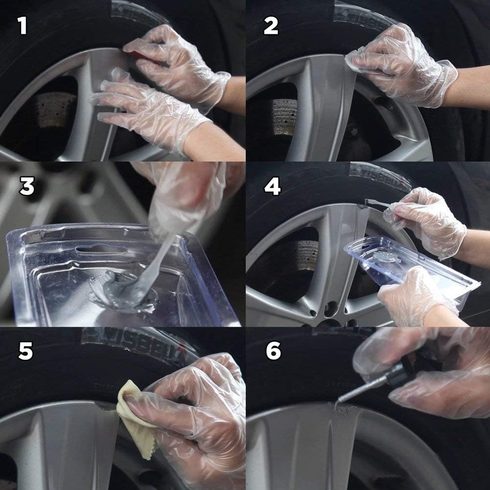 Applicazione del kit su cerchio in lega grigio con guanti e attrezzo di riparazione