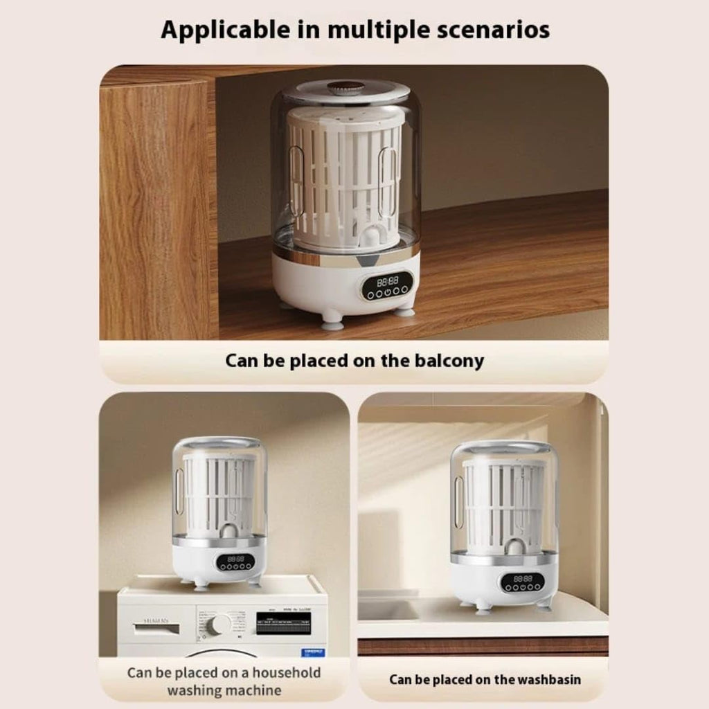 Mini lavatrice portatile 3-in-1 bianca mostrata in tre posizionamenti su supporti domestici.