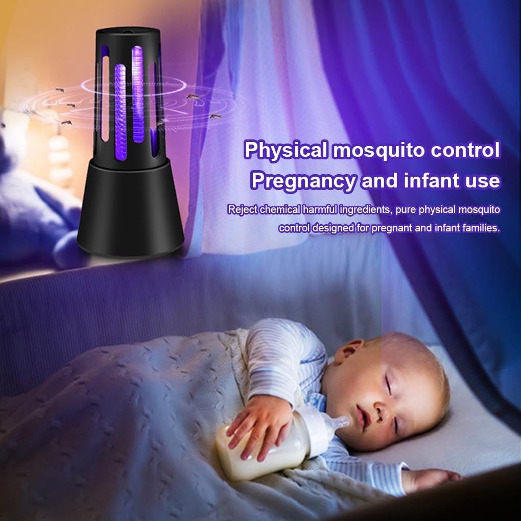 Lampada zanzariera elettrica nera con tubi viola accesi e base conica ampia.