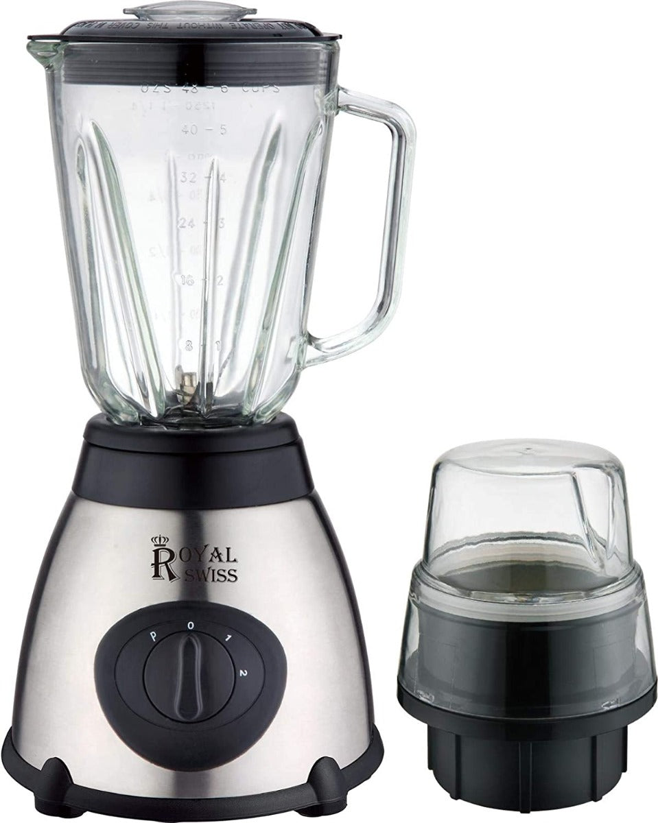 Frullatore multifunzione Royal Swiss con caraffa trasparente e base inox, quadrante nero