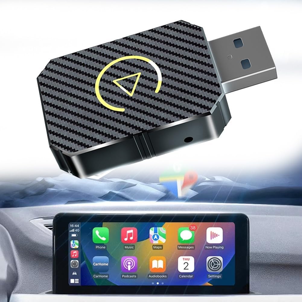 Adattatore wireless con motivo carbonio, connettore USB e simbolo giallo, vista laterale