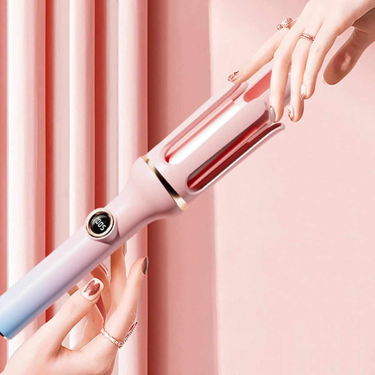 Ferro arricciacapelli automatico rosa con guida in ceramica e apertura sagomata