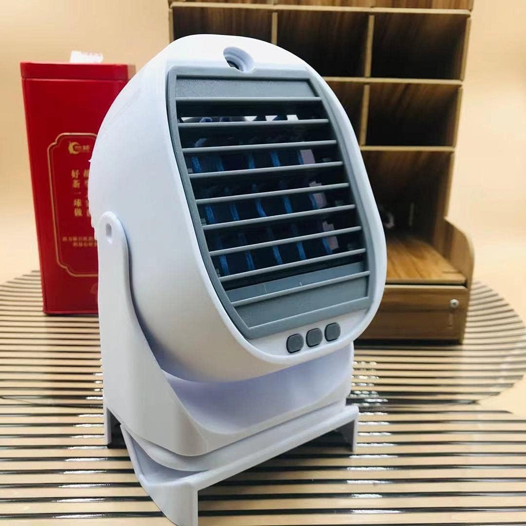 Mini condizionatore portatile 2in1 bianco, griglia frontale e pannello comandi