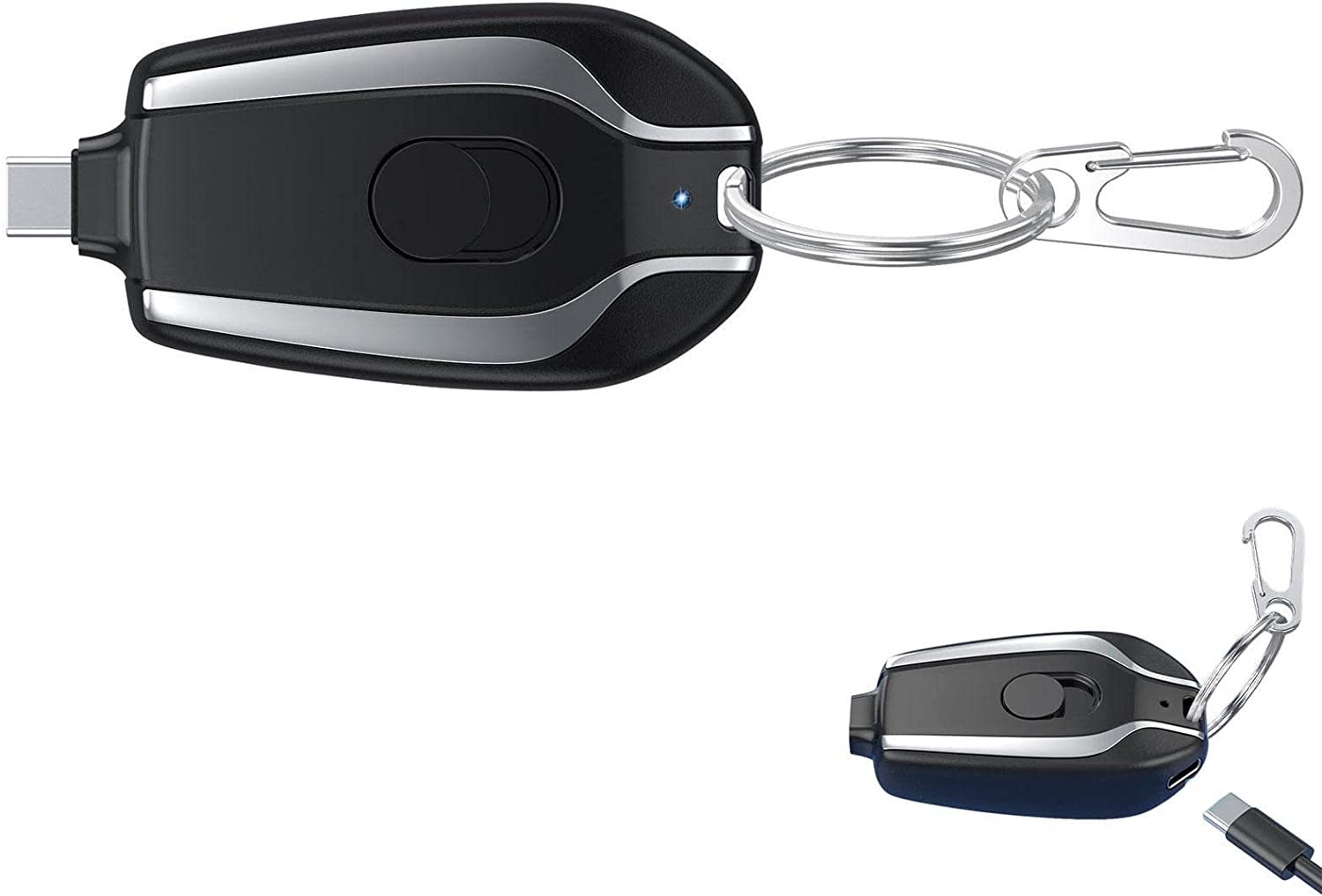 Power bank mini nero con attacco portachiavi e connettore USB‑C, vista laterale