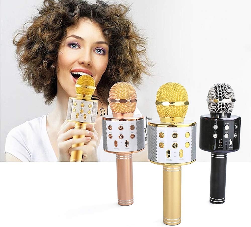 Microfono karaoke wireless con altoparlante integrato, corpo oro e griglia dorata.