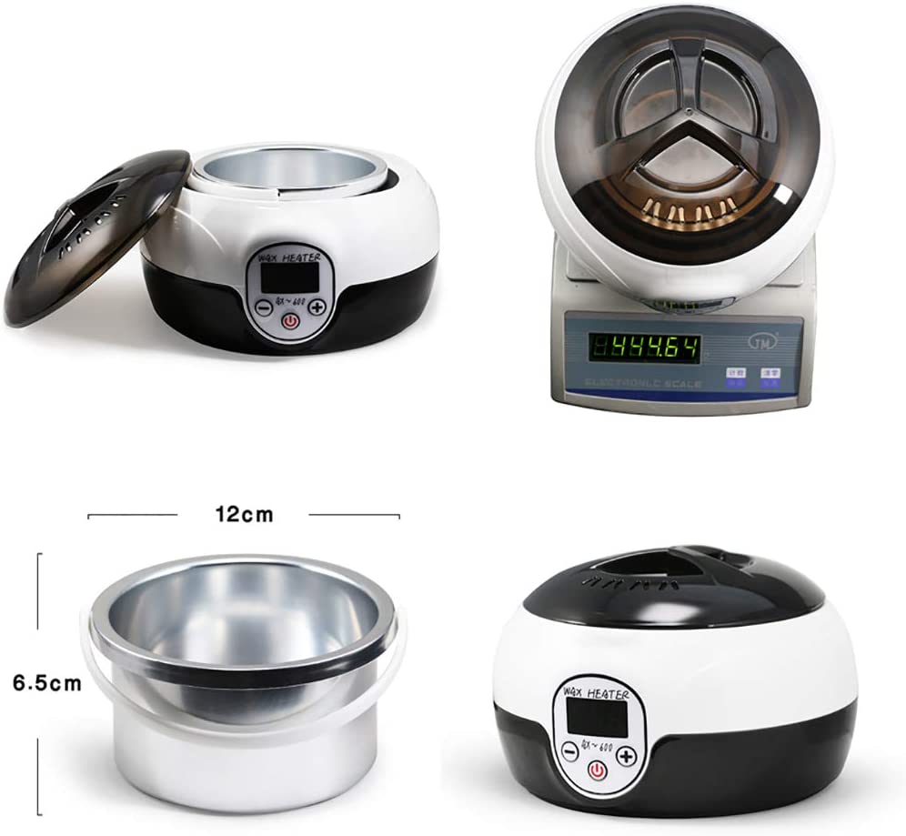 Scaldacera digitale con coperchio aperto e vaschetta inox, misure in evidenza