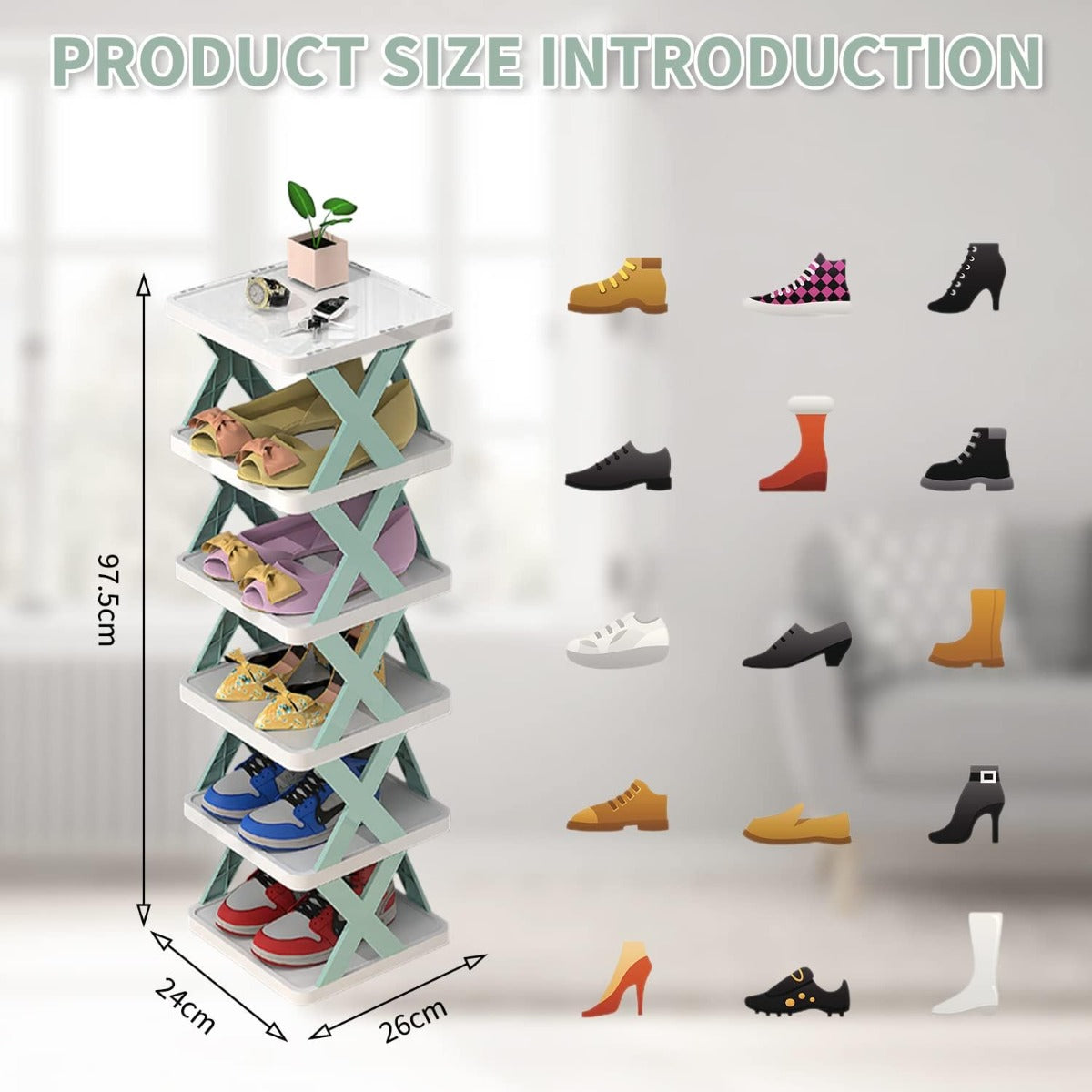 Scarpiera verticale in plastica a 6 ripiani, schema dimensioni e sagome scarpe