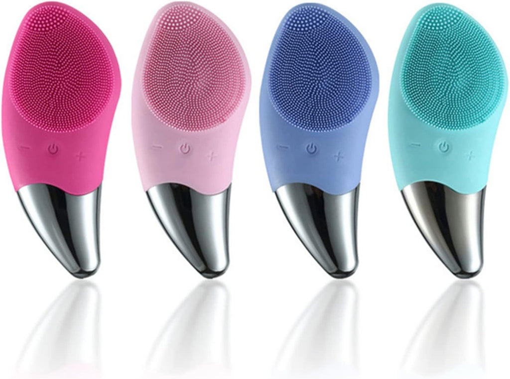 Spazzola elettrica viso in silicone a puntini, corpo rosa e blu, manico argento