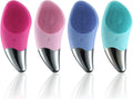 Spazzola elettrica viso in silicone a puntini, corpo rosa e blu, manico argento