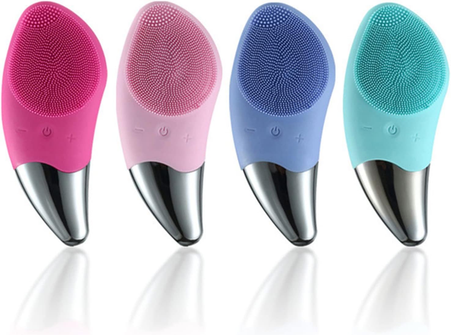 Spazzola elettrica viso in silicone a puntini, corpo rosa e blu, manico argento