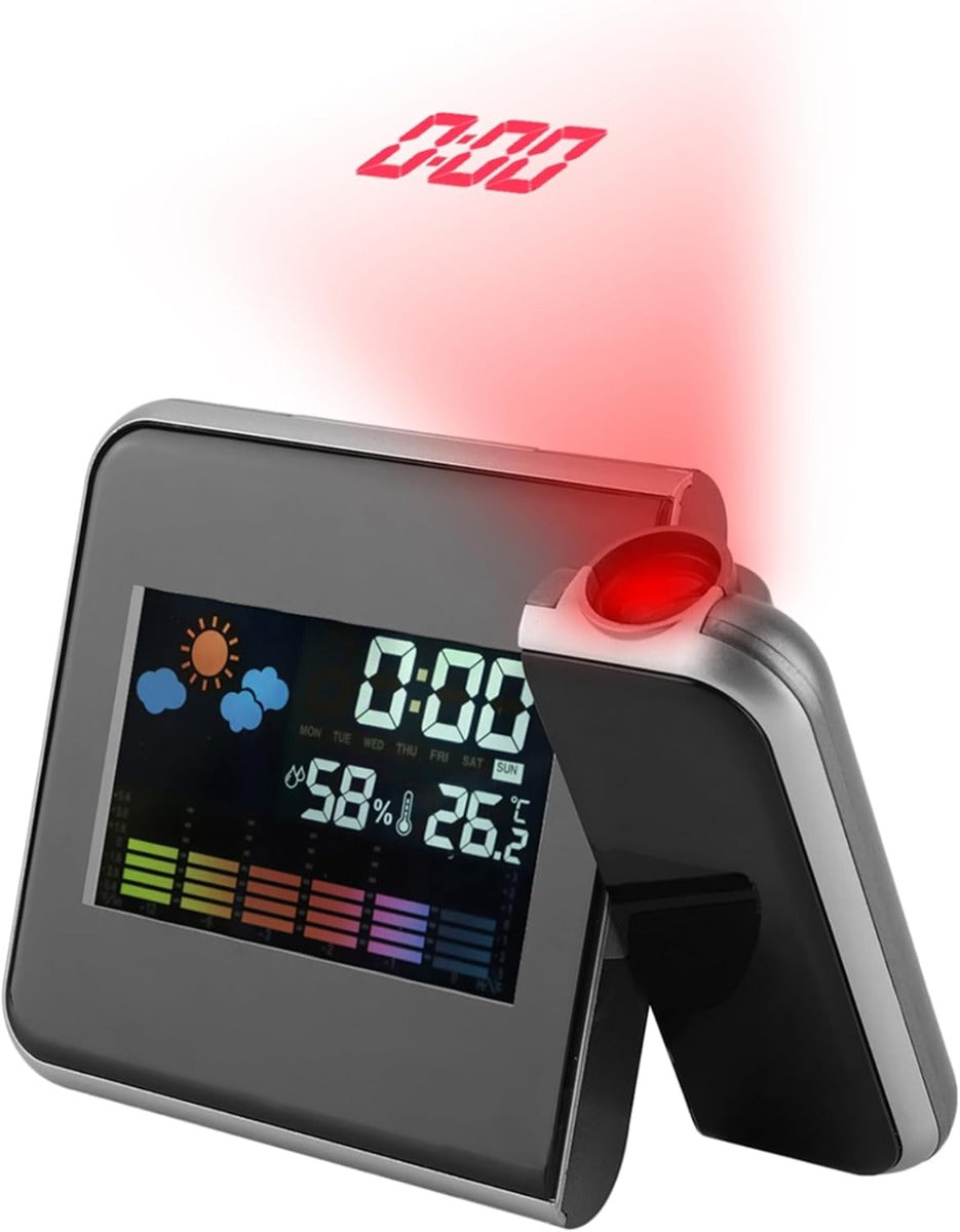 Sveglia digitale grigia con proiezione rossa e display LED meteo e umidità