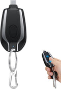 Power bank mini portachiavi nero con connettore USB‑C estraibile e gancio in metallo