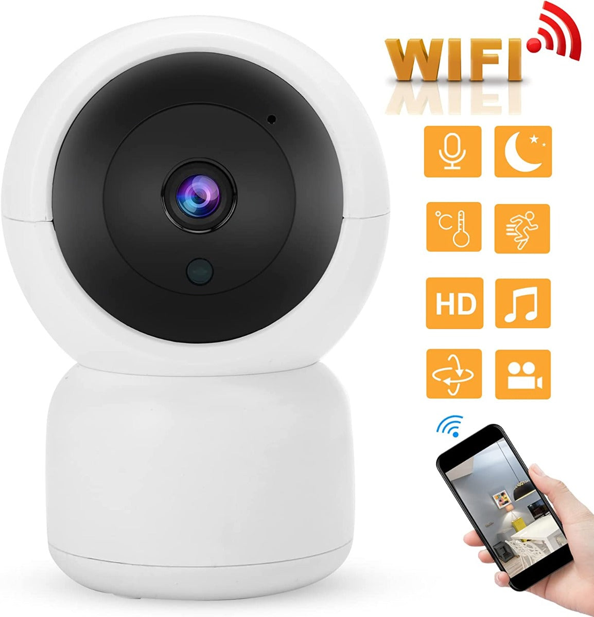 Telecamera WiFi bianca con lente frontale nera e trasmissione wireless