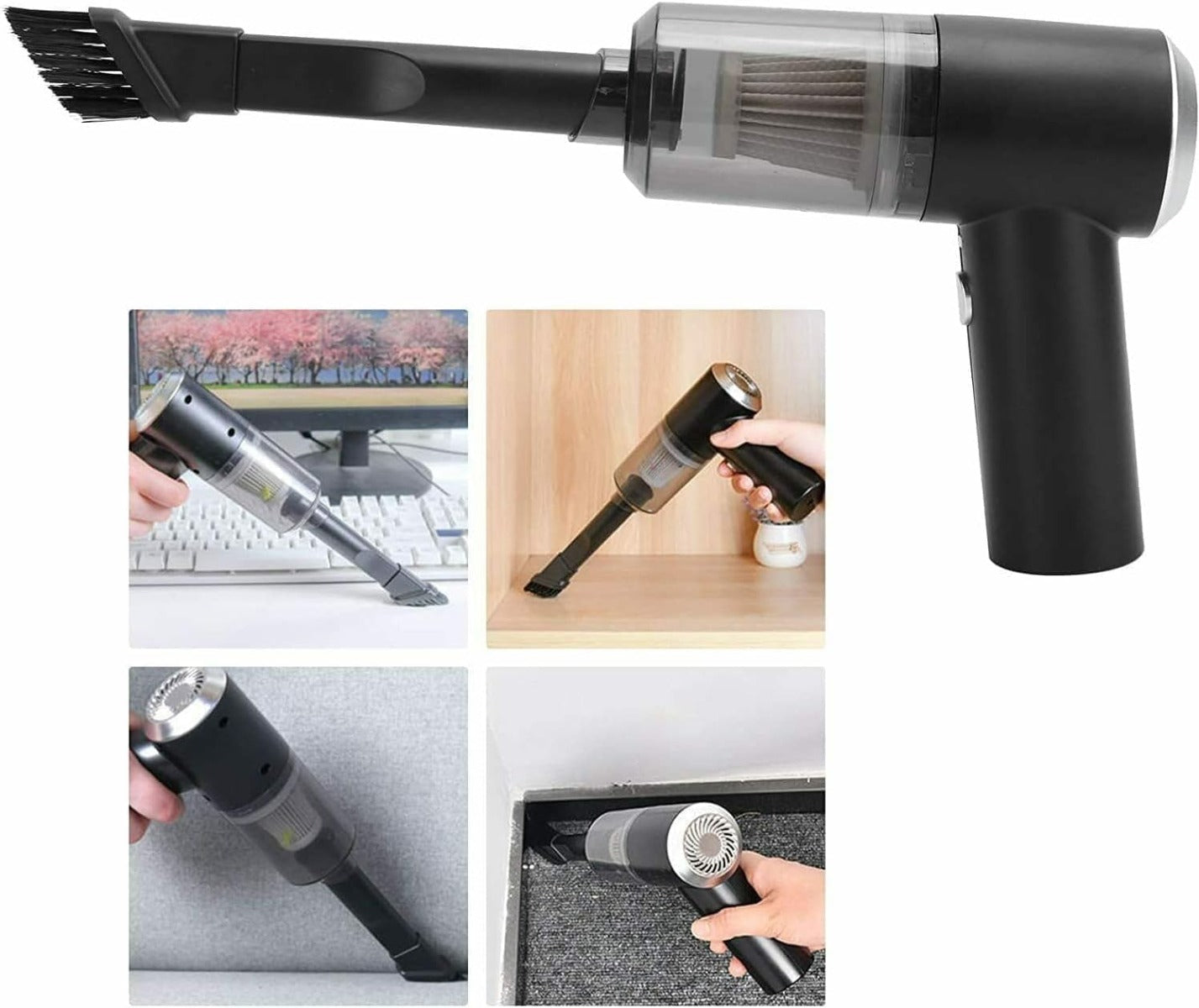 Mini aspirapolvere portatile nero con serbatoio trasparente e spazzola per fessure.
