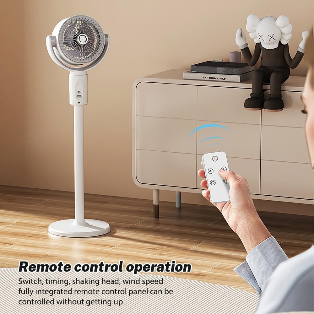 Ventilatore bianco su base con telecomando