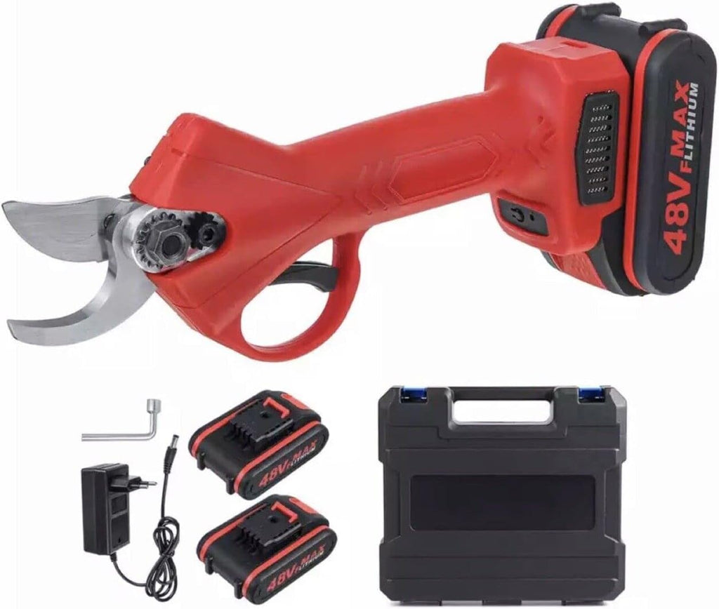 Cesoia da potatura elettrica rossa con lame metalliche e batteria 48V MAX