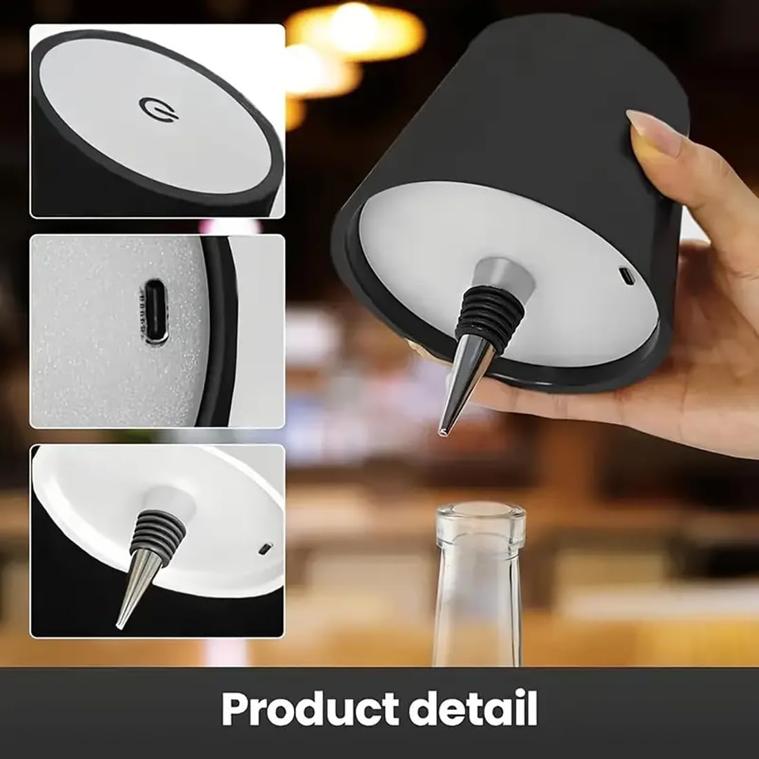 Lampada a Bottiglia Wireless Dimmerabile Touch – LED Ricaricabile USB – Colore Nero, 3 Opzioni di Luce – Lampada da Tavolo Portatile per Casa, Bar, Ristorante